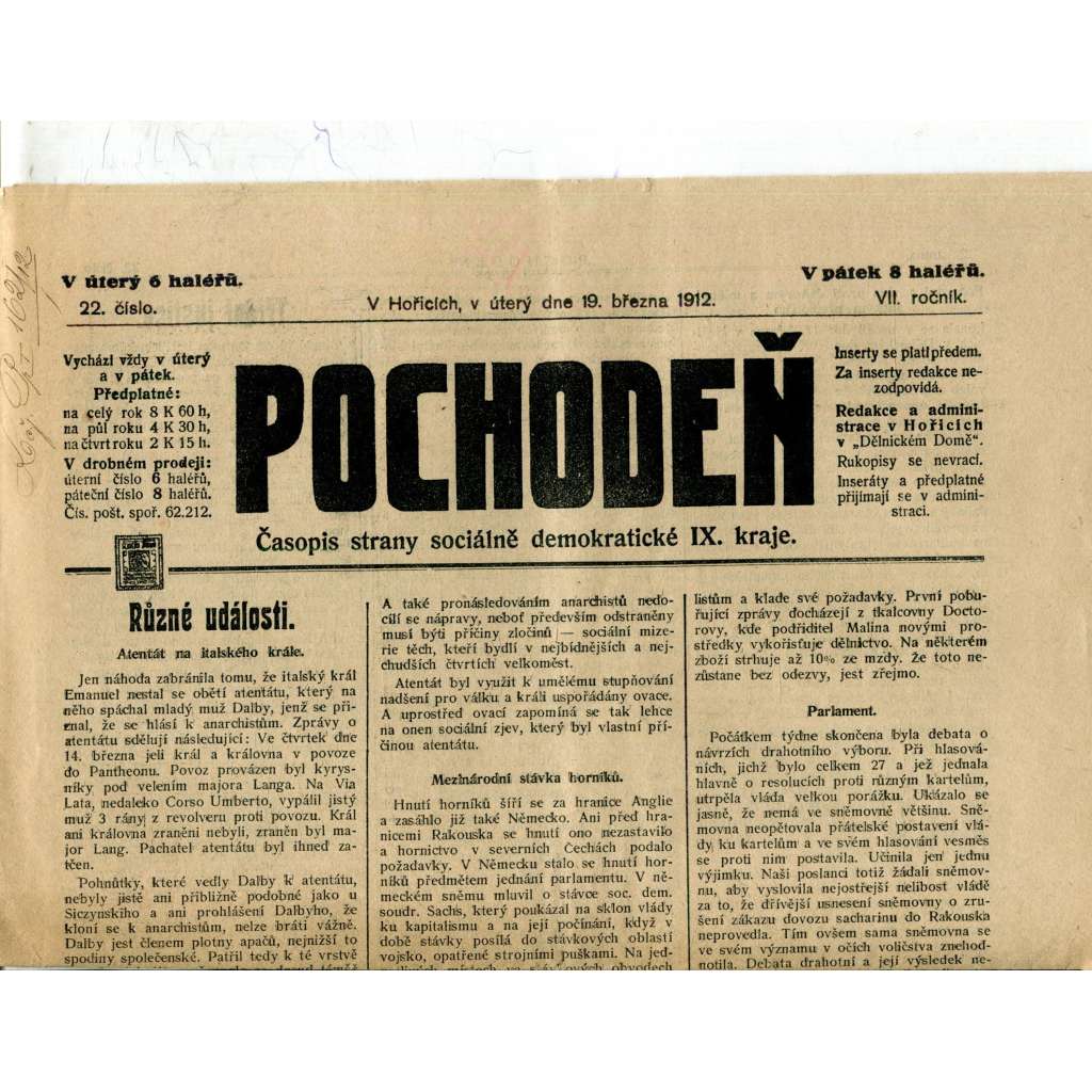 Pochodeň. Časopis strany sociálně demokratické (19.3.1912) - staré noviny