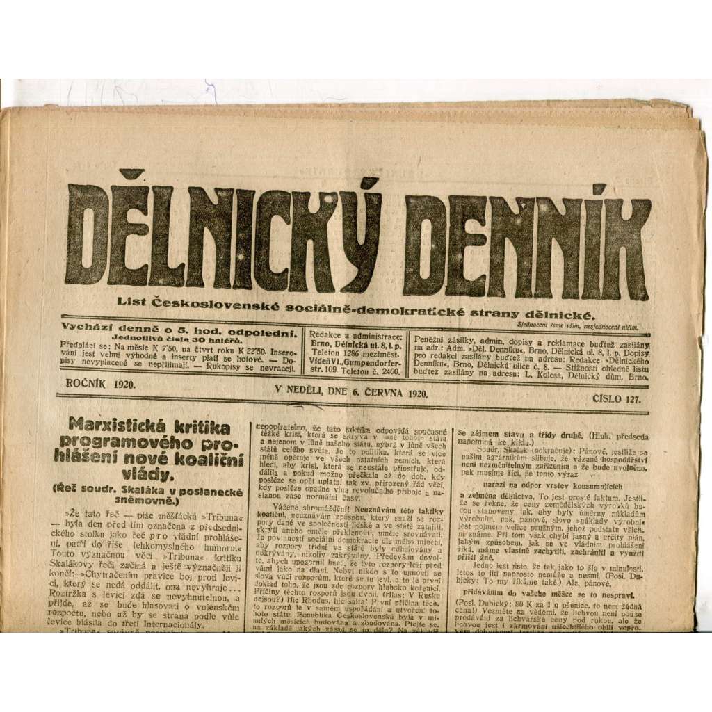 Dělnický denník (6.6.1920) 1. republika, staré noviny