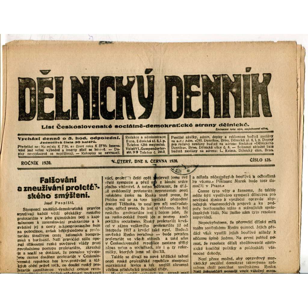Dělnický denník (8.6.1920) 1. republika, staré noviny