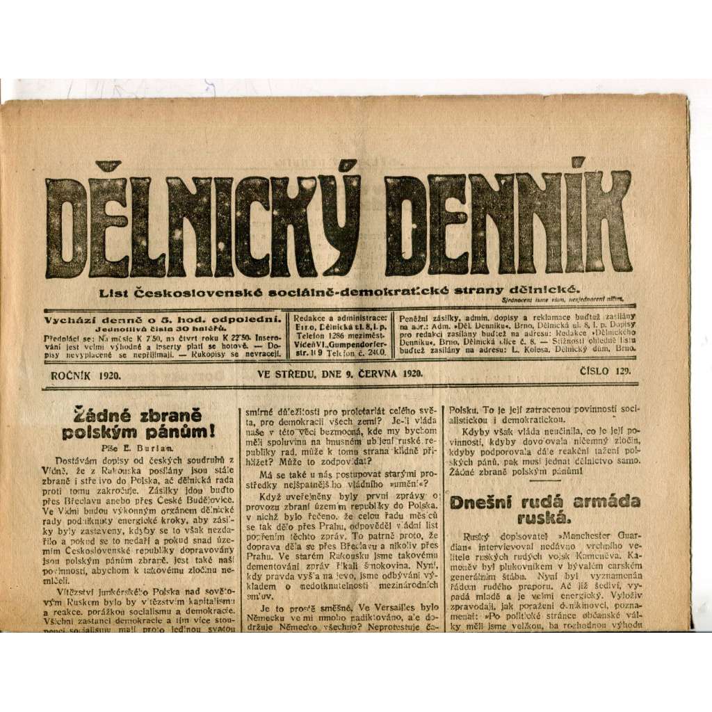 Dělnický denník (9.6.1920) 1. republika, staré noviny