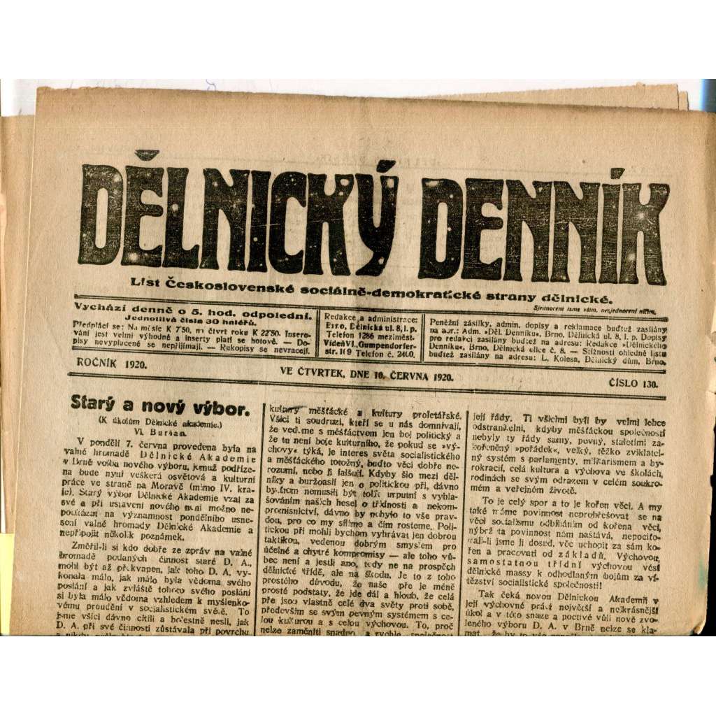 Dělnický denník (10.6.1920) 1. republika, staré noviny