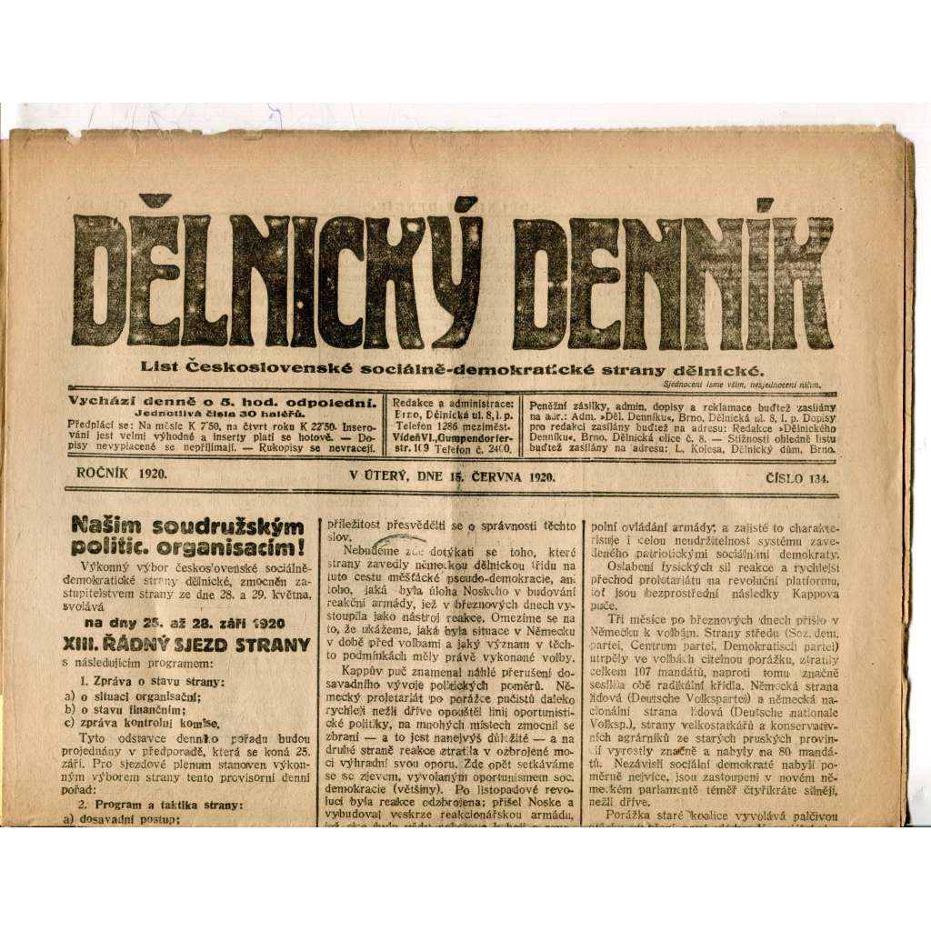 Dělnický denník (15.6.1920) 1. republika, staré noviny