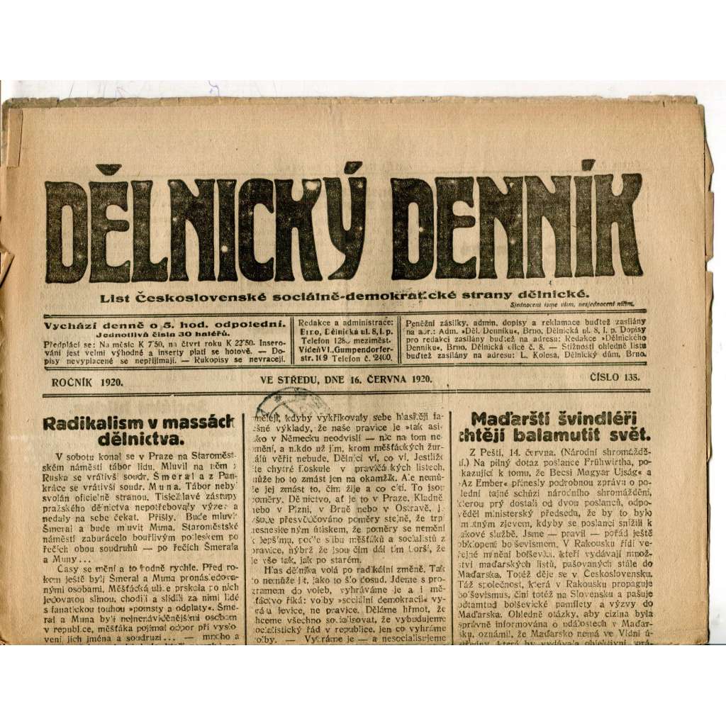 Dělnický denník (16.6.1920) 1. republika, staré noviny