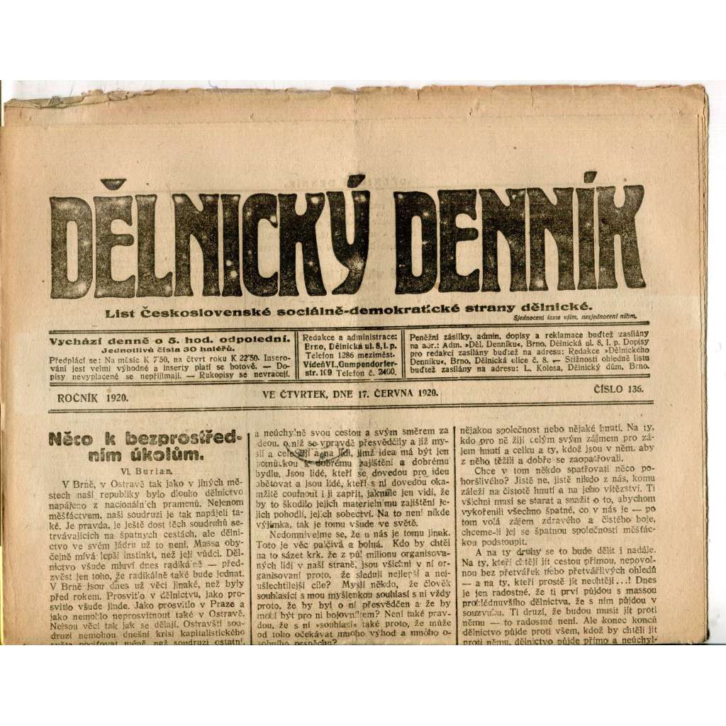 Dělnický denník (17.6.1920) 1. republika, staré noviny