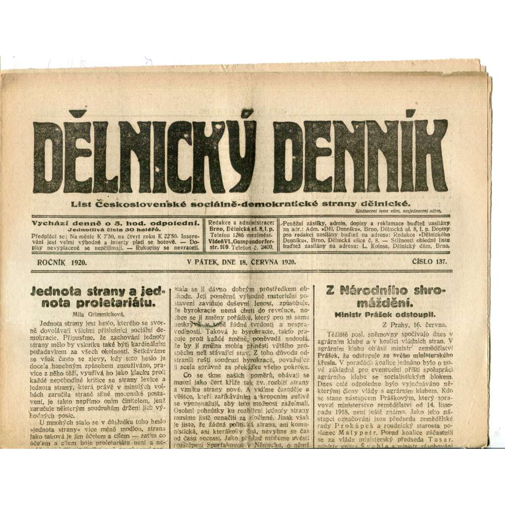 Dělnický denník (18.6.1920) 1. republika, staré noviny