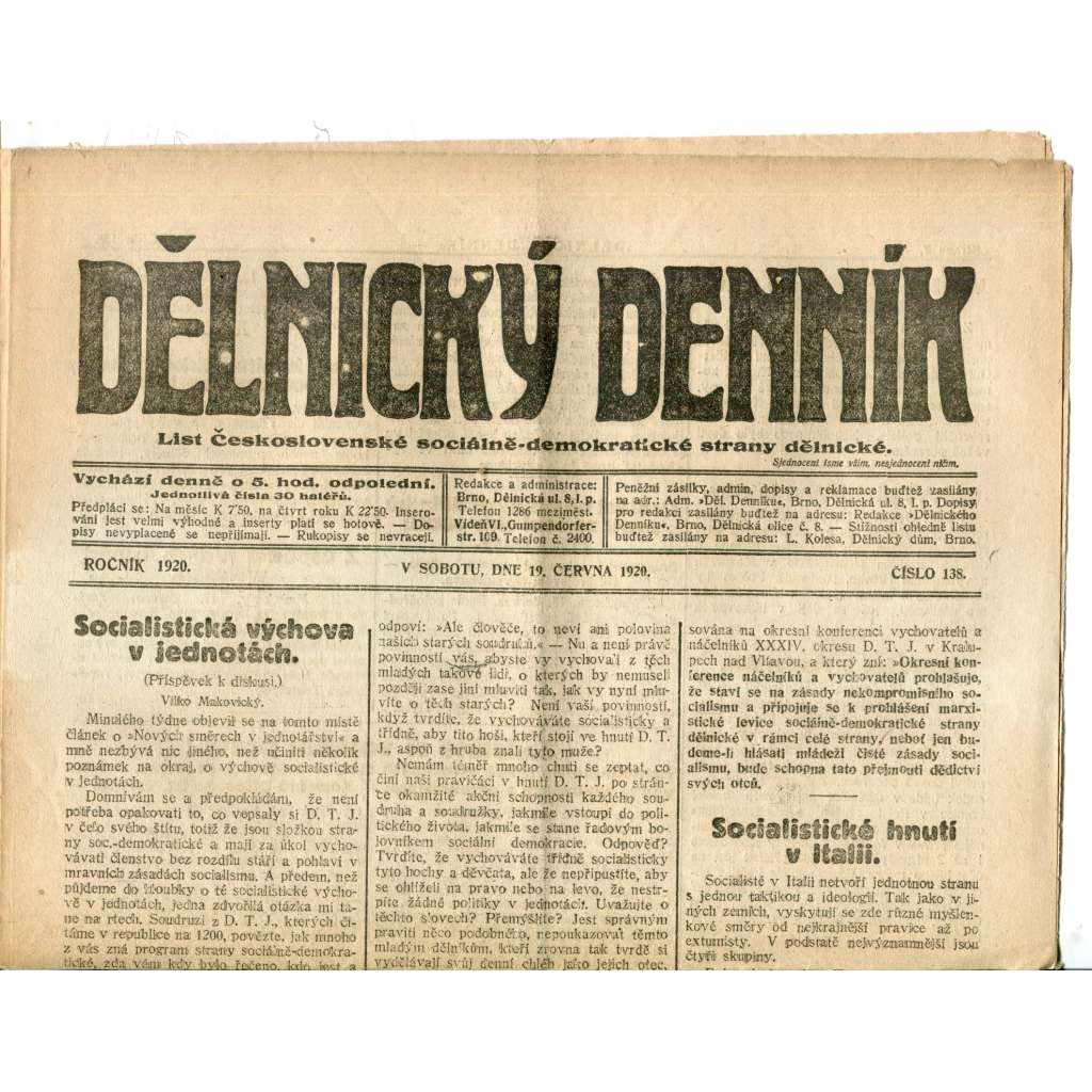 Dělnický denník (19.6.1920) 1. republika, staré noviny