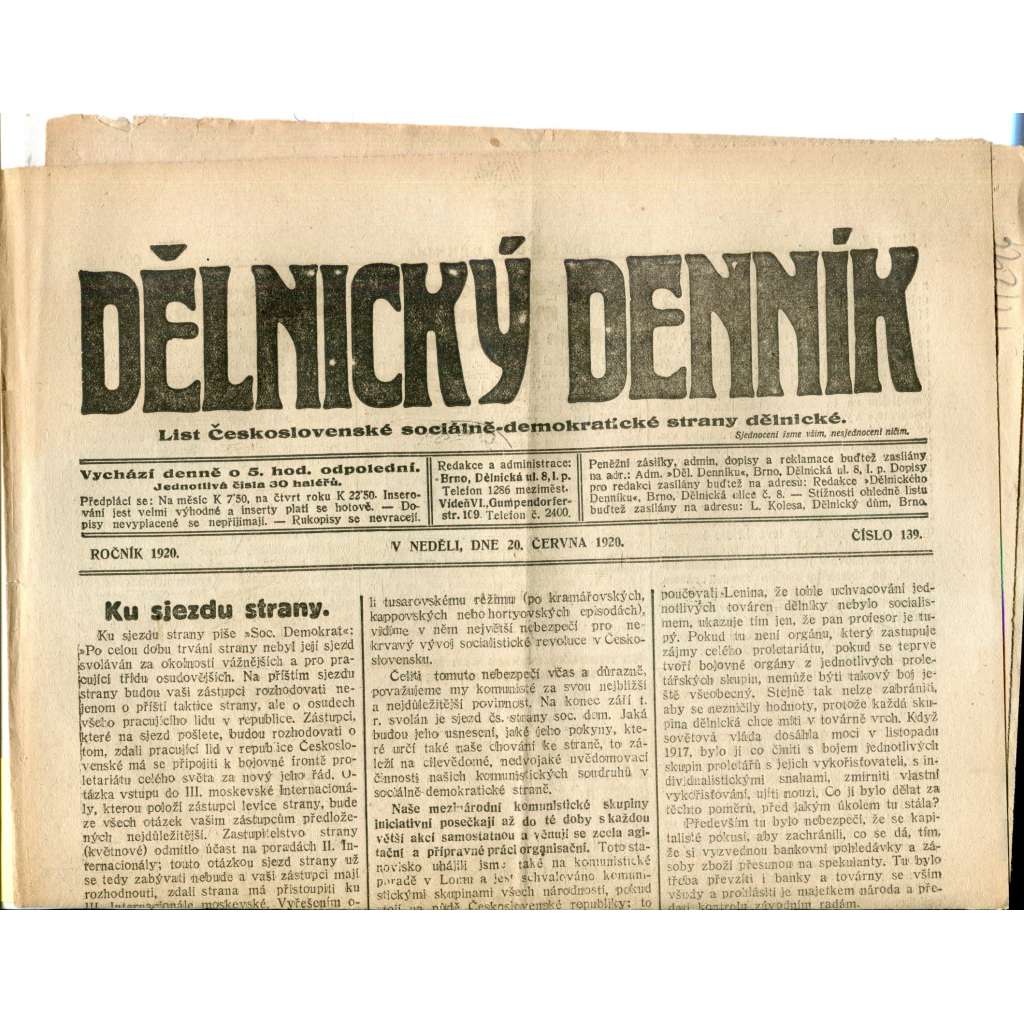 Dělnický denník (20.6.1920) 1. republika, staré noviny