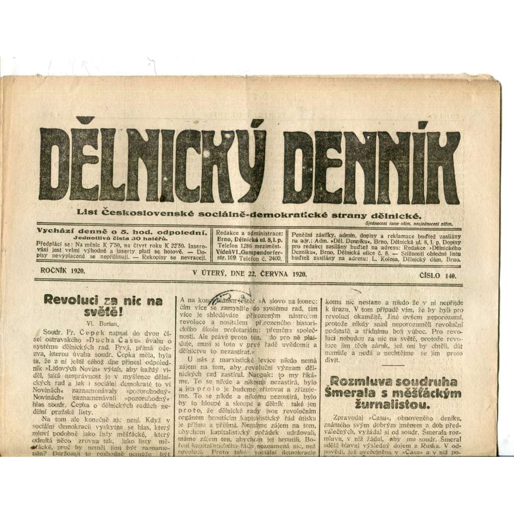 Dělnický denník (22.6.1920) 1. republika, staré noviny