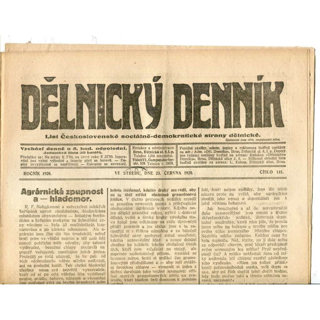 Dělnický denník (23.6.1920) 1. republika, staré noviny