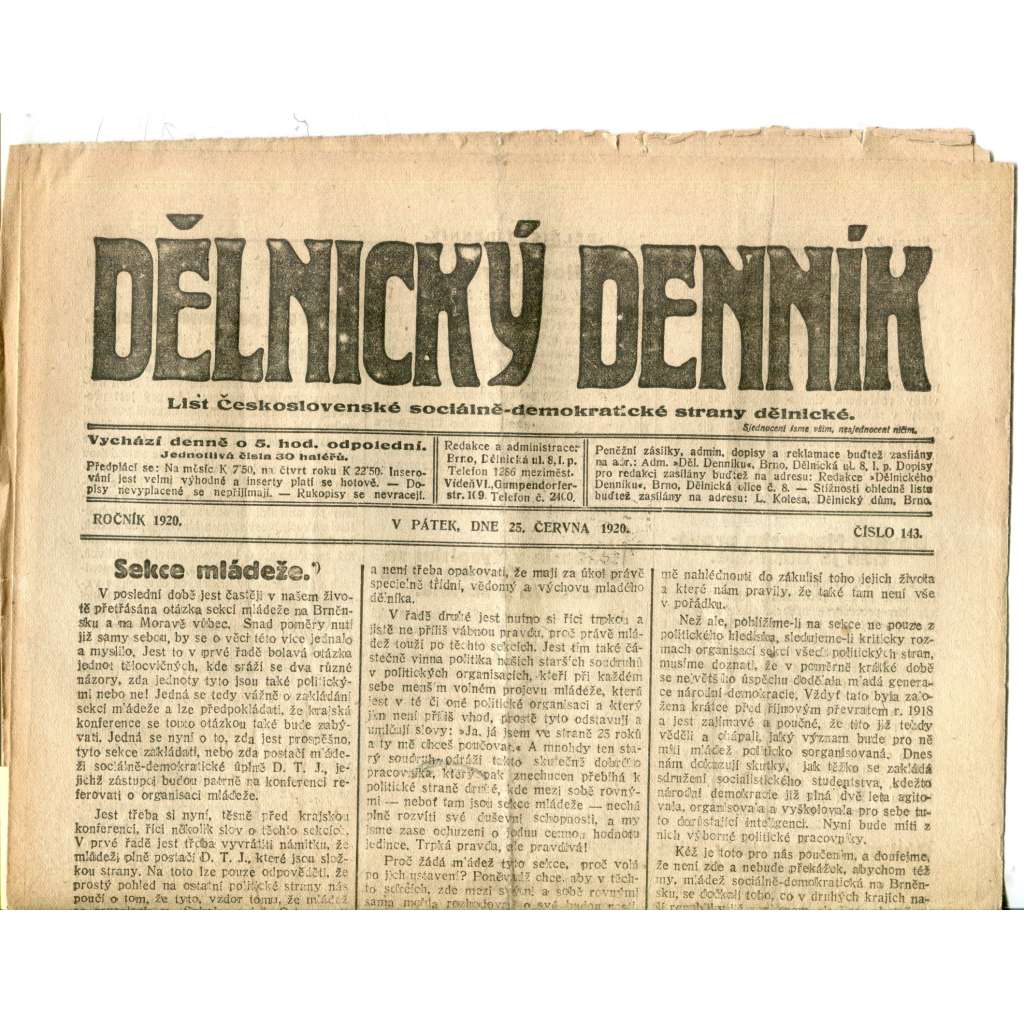 Dělnický denník (25.6.1920) 1. republika, staré noviny