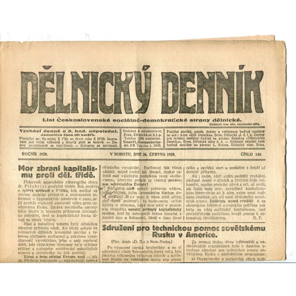 Dělnický denník (26.6.1920) 1. republika, staré noviny