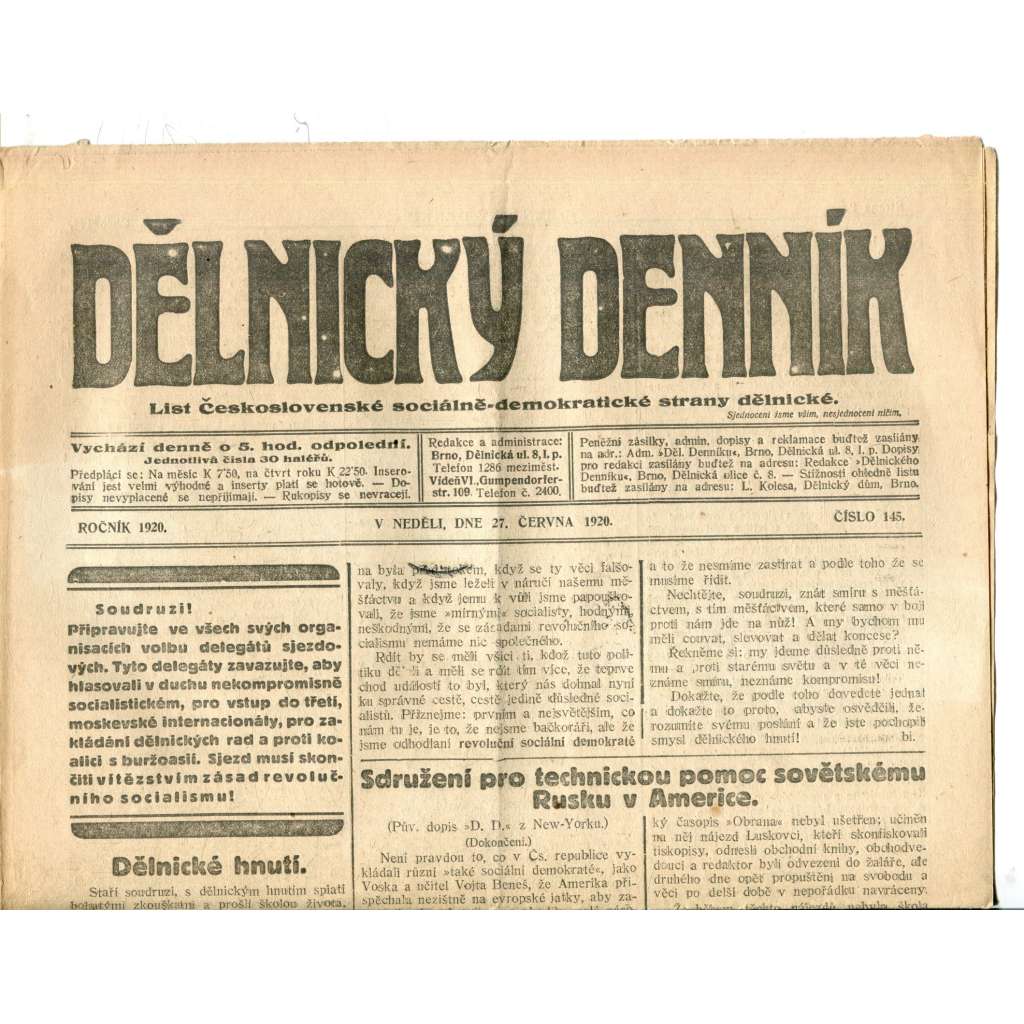Dělnický denník (27.6.1920) 1. republika, staré noviny
