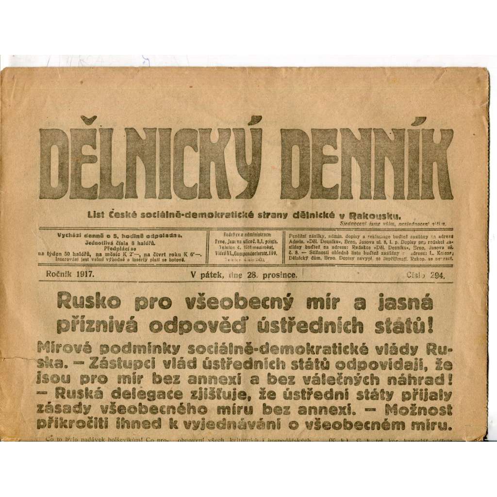 Dělnický denník (28.12.1917) staré noviny