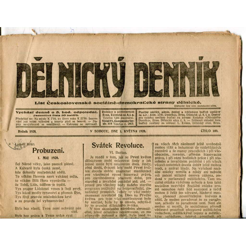 Dělnický denník (1.5.1920) 1. republika, staré noviny