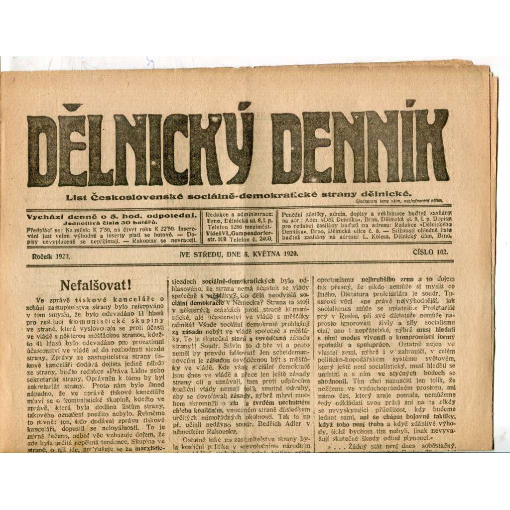 Dělnický denník (5.5.1920) 1. republika, staré noviny