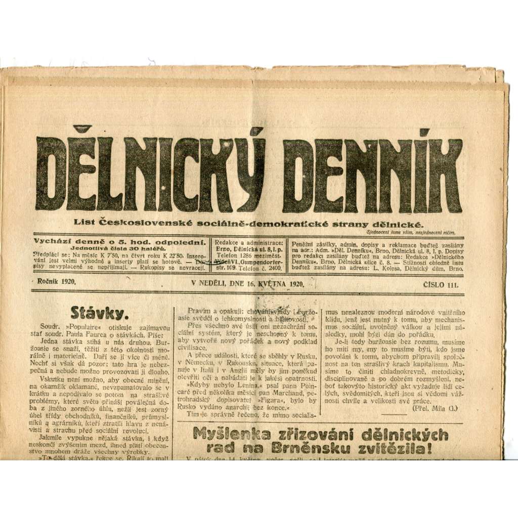 Dělnický denník (16.5.1920) 1. republika, staré noviny