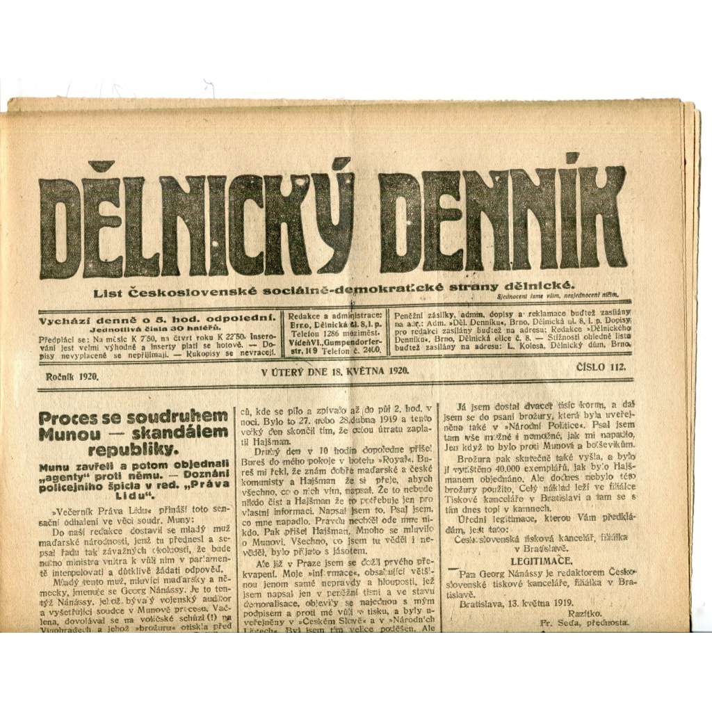 Dělnický denník (18.5.1920) 1. republika, staré noviny