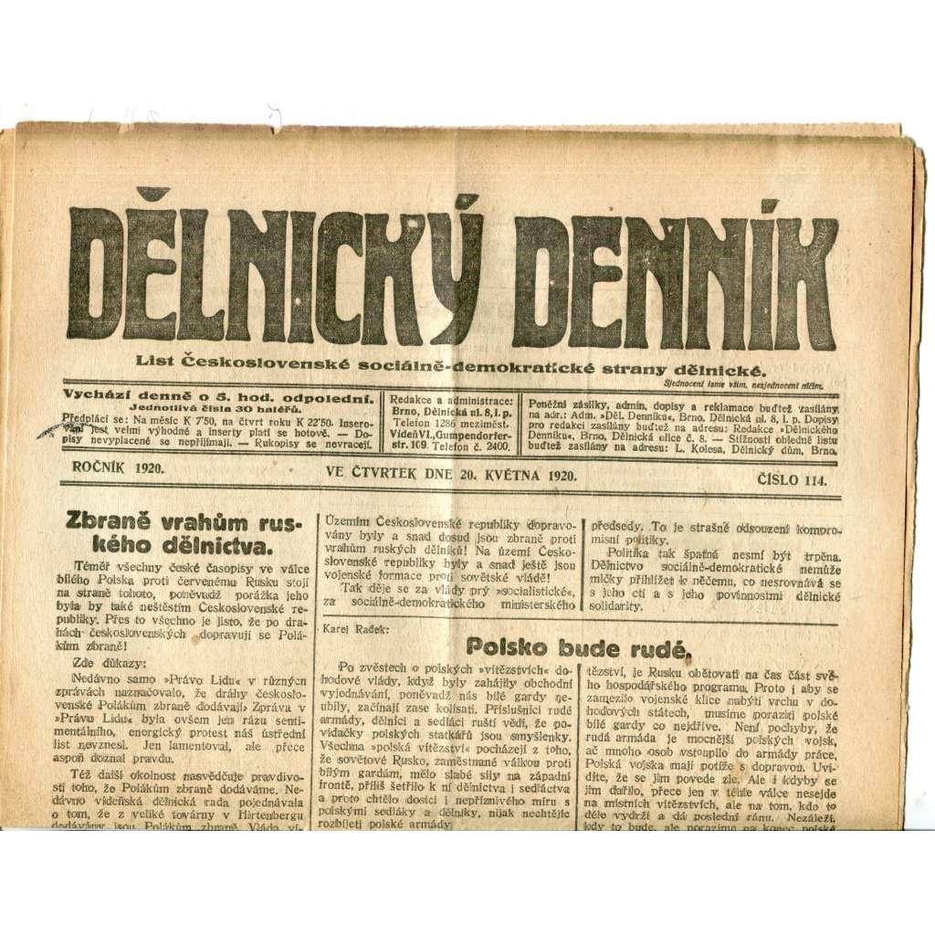 Dělnický denník (20.5.1920) 1. republika, staré noviny