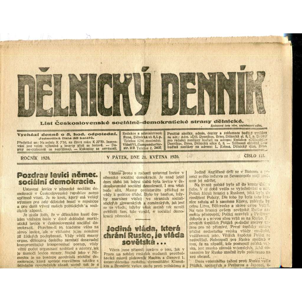 Dělnický denník (21.5.1920) 1. republika, staré noviny