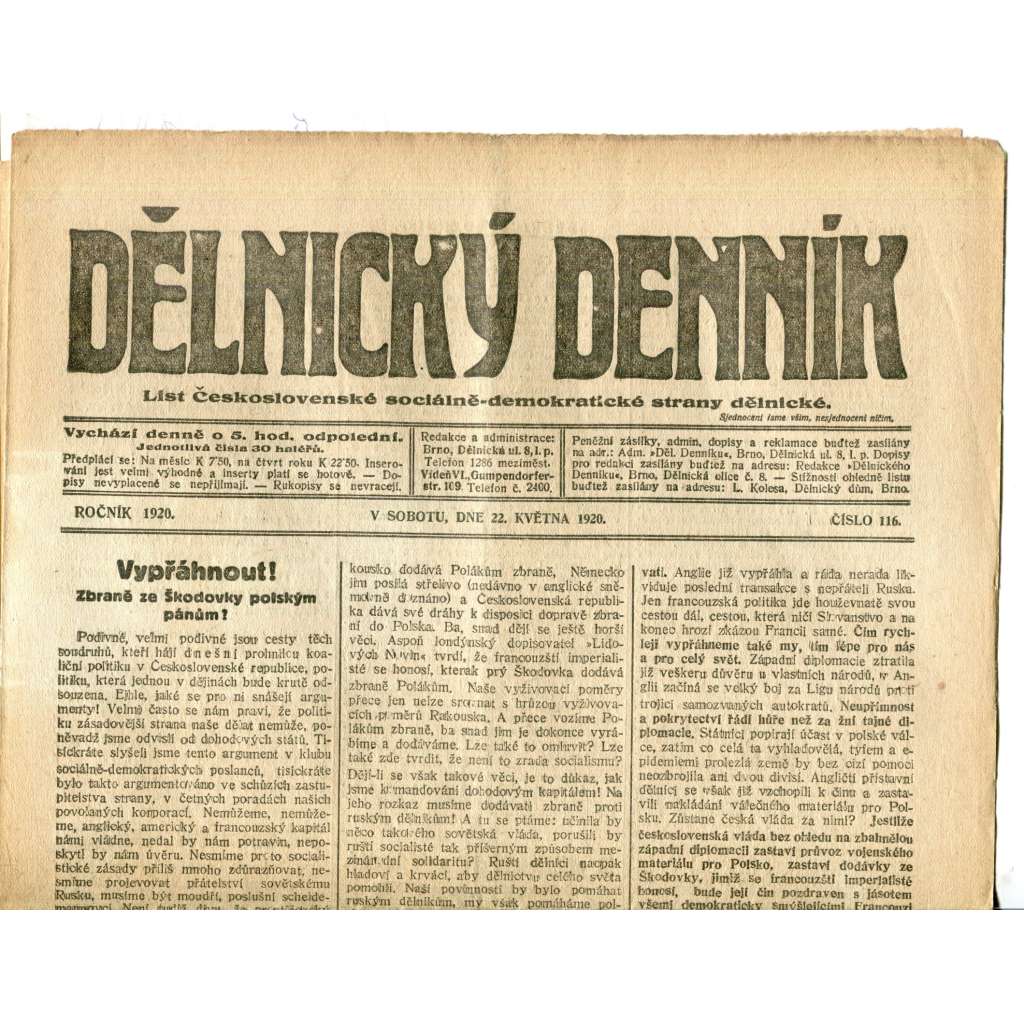 Dělnický denník (22.5.1920) 1. republika, staré noviny