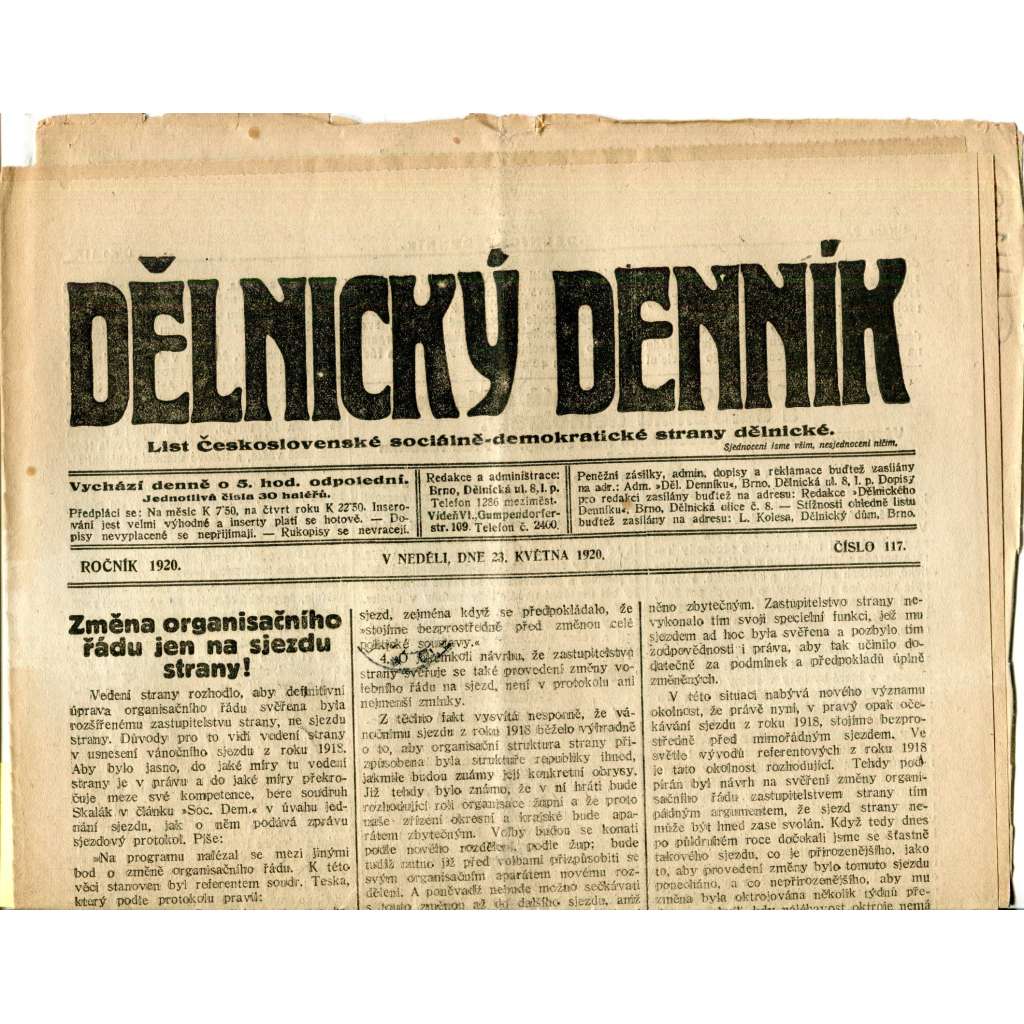 Dělnický denník (23.5.1920) 1. republika, staré noviny