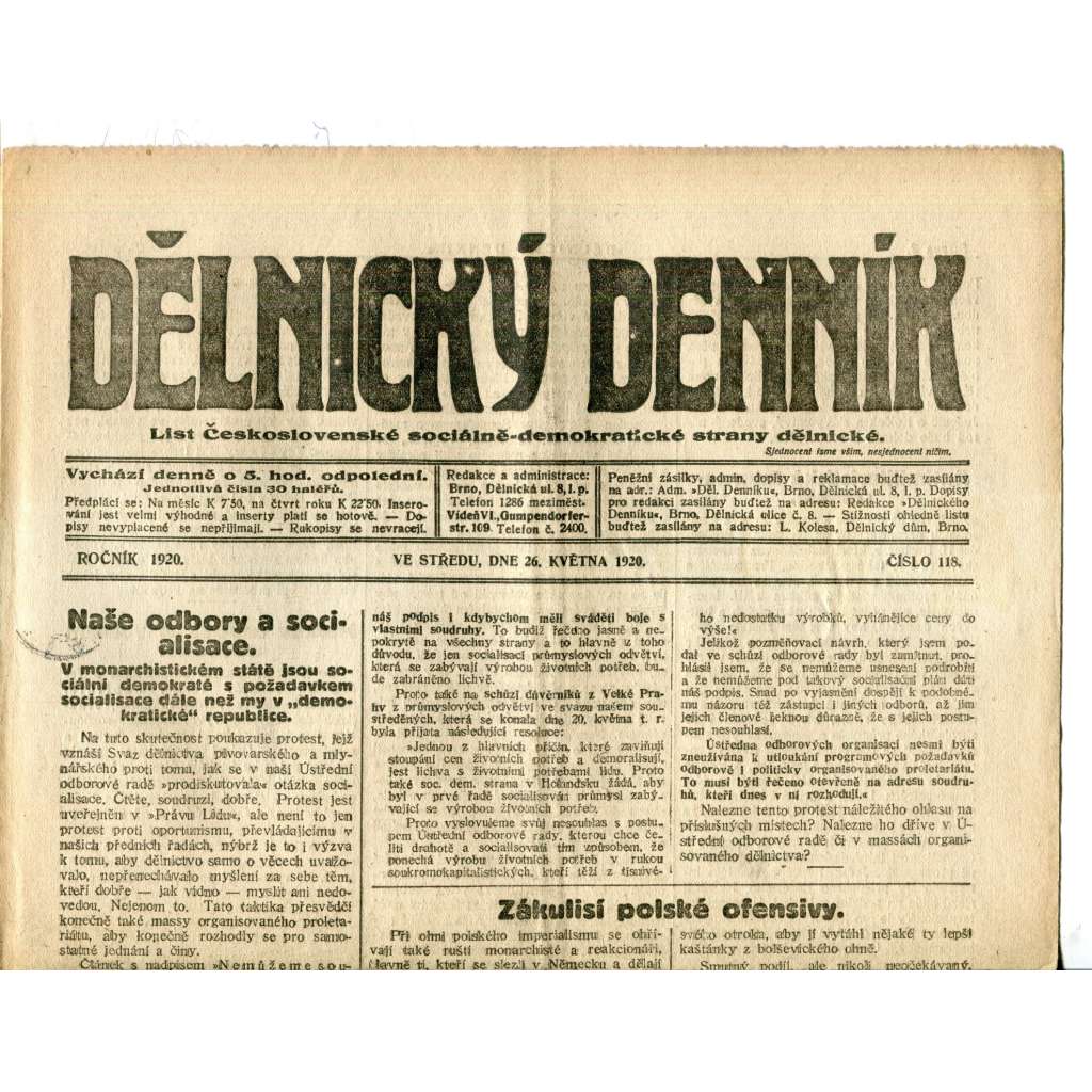 Dělnický denník (26.5.1920) 1. republika, staré noviny