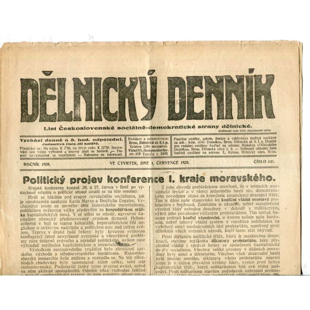 Dělnický denník (1.7.1920) 1. republika, staré noviny Dělnický denník (1.7.1920) 1. republika, staré noviny