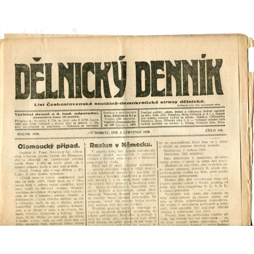Dělnický denník (3.7.1920) 1. republika, staré noviny Dělnický denník (3.7.1920) 1. republika, staré noviny