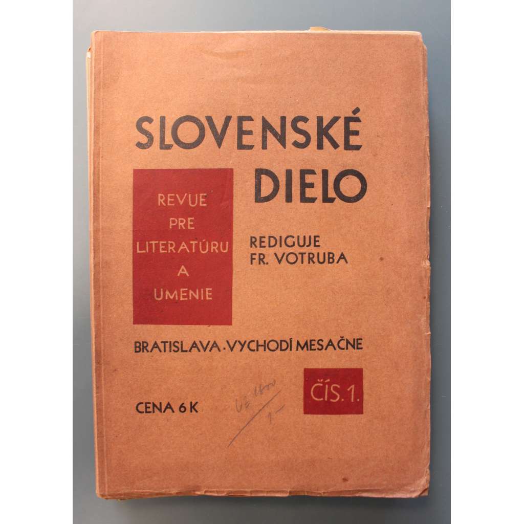 Slovenské dielo. Revue pre literatúru a umenie 1929, roč. I. 7 sešitů (časopis, literatura, Slovensko, mj. K. Toman - Svatý Václave!, Kalvoda o Štefánikovi, Formové problémy maliarstva, A. Rodin - Odkaz)