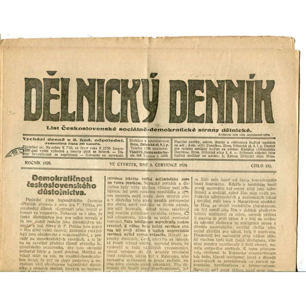 Dělnický denník (8.7.1920) 1. republika, staré noviny