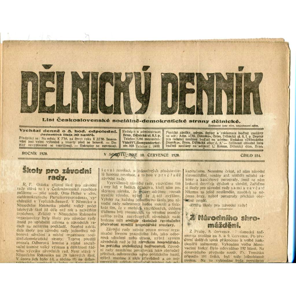 Dělnický denník (10.7.1920) 1. republika, staré noviny
