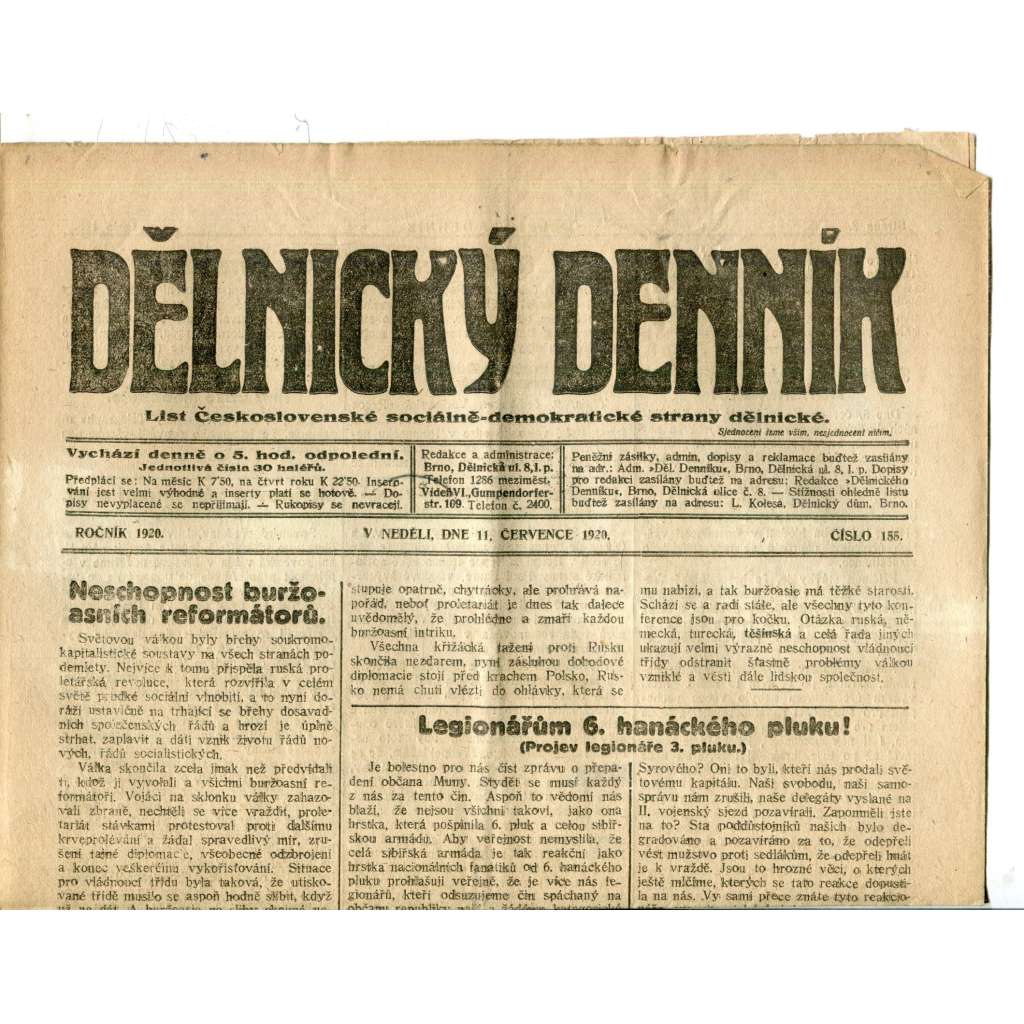 Dělnický denník (11.7.1920) 1. republika, staré noviny