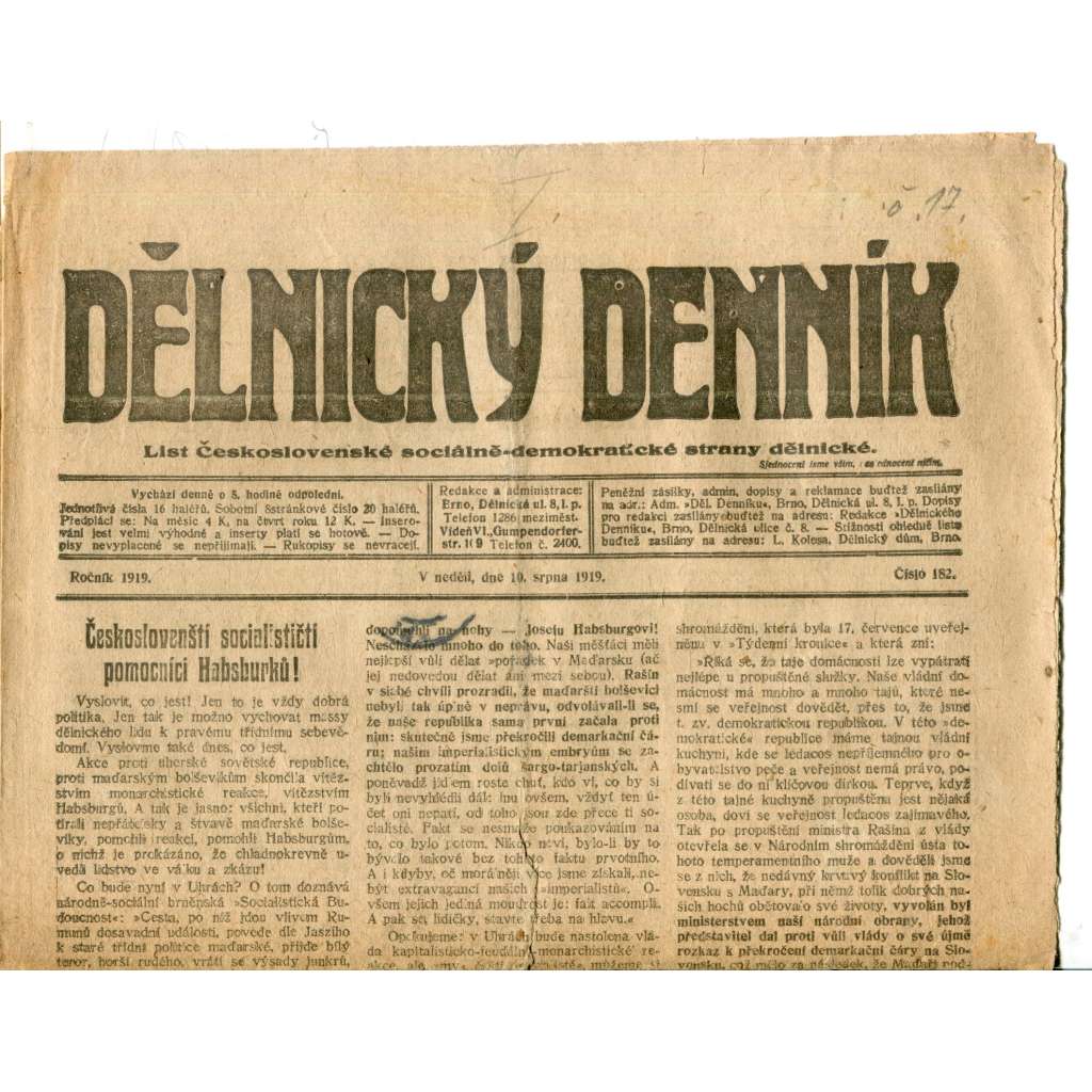 Dělnický denník (10.8.1919) 1. republika, staré noviny