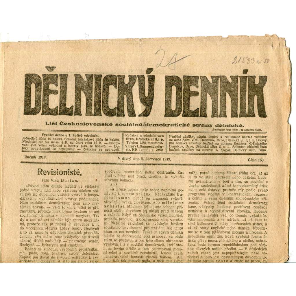 Dělnický denník (8.7.1919) 1. republika, staré noviny