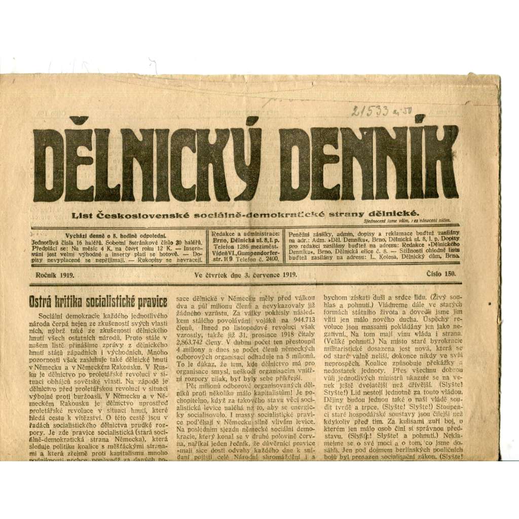 Dělnický denník (3.7.1919) 1. republika, staré noviny