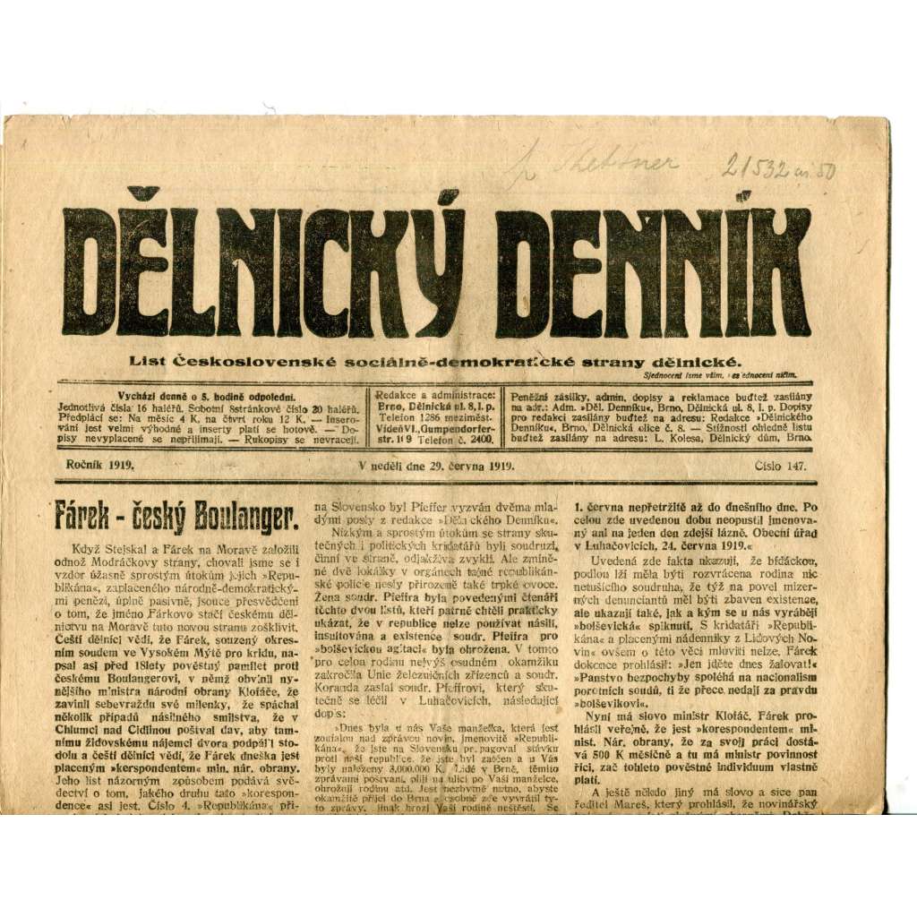 Dělnický denník (29.6.1919) 1. republika, staré noviny