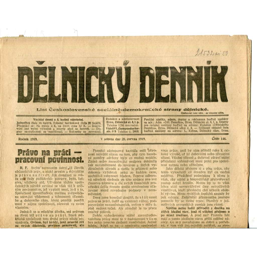 Dělnický denník (28.6.1919) 1. republika, staré noviny