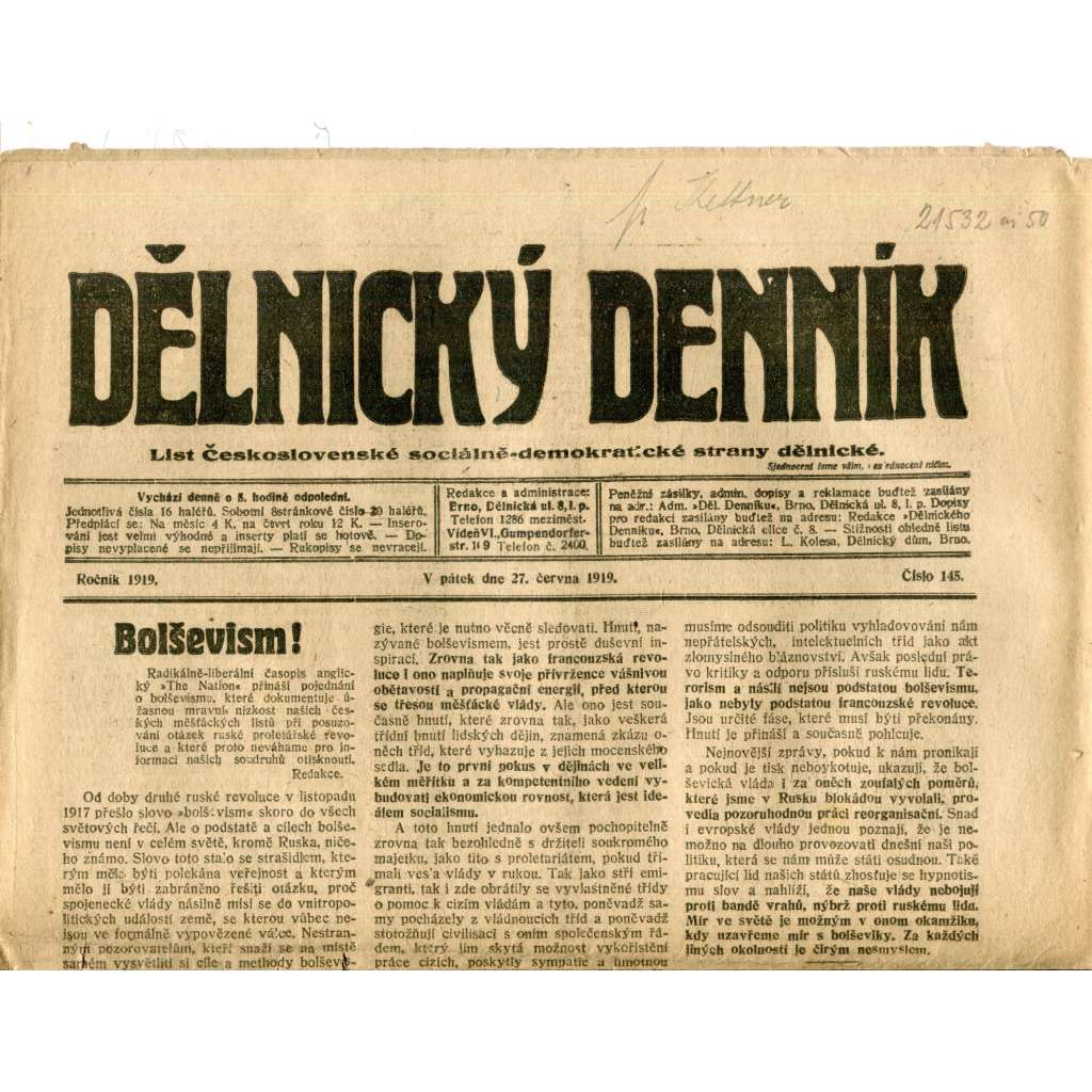 Dělnický denník (27.6.1919) 1. republika, staré noviny
