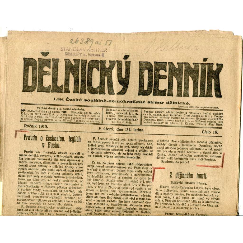 Dělnický denník (21.1.1919) 1. republika, staré noviny