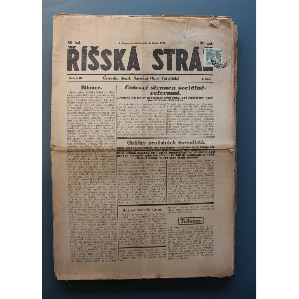 Říšská stráž. Ústřední orgán Národní obce fašistické 1929, roč. IV. (noviny, fašismus, mj. Německo pro anšlus Rakouska, Tukova aféra, Je fašismus poti demokracii?, Udžalova vláda, Nová činnost exministra Engliše)