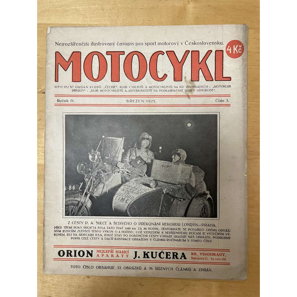 Motocykl, ročník IV., číslo 3/1925. Nejrozšířenější ilustrovaný časopis pro sport motorový v Československu