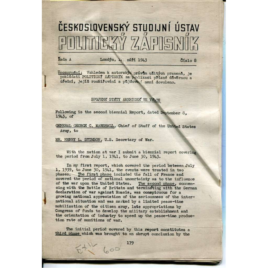 Politický zápisník, řada A., číslo 8/1943 (exil, text anglicky)