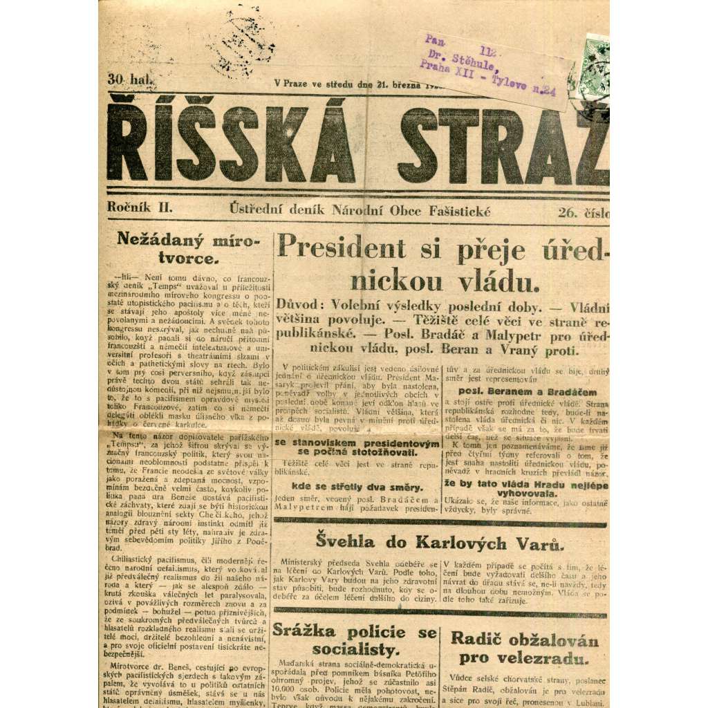 Říšská stráž (21.3.1928) - Ústřední deník Národní obce fašistické (staré noviny, fašisté, 1. republika)