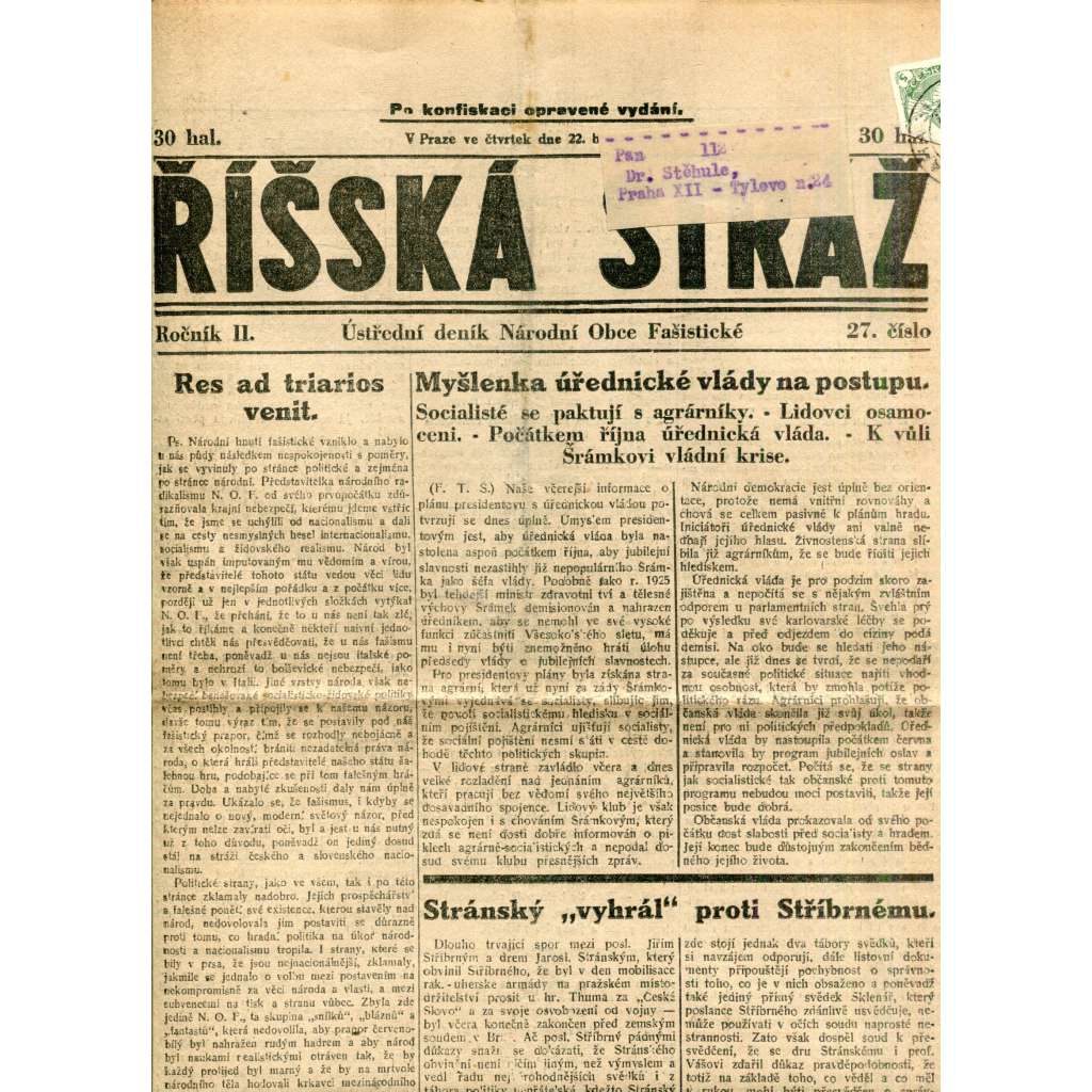 Říšská stráž (22.3.1928) - Ústřední deník Národní obce fašistické (staré noviny, fašisté, 1. republika)