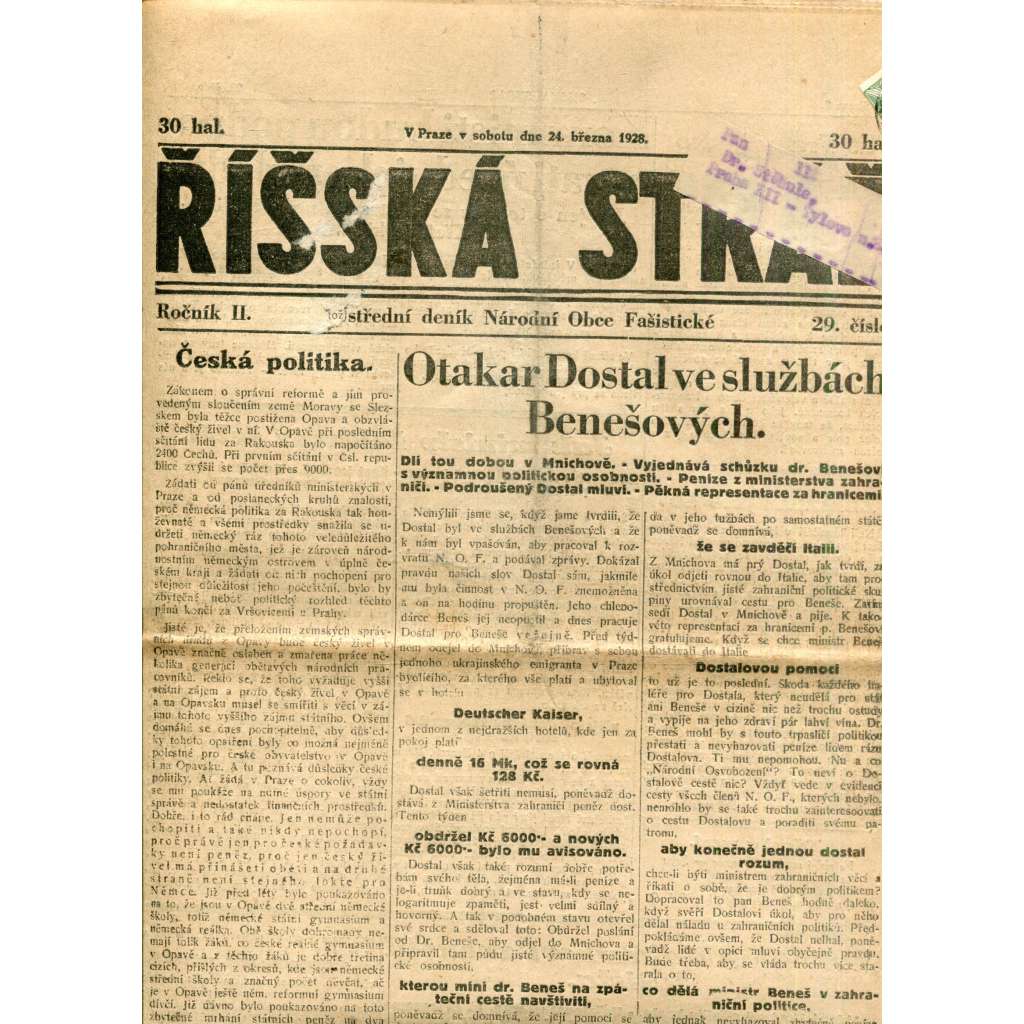 Říšská stráž (24.3.1928) - Ústřední deník Národní obce fašistické (staré noviny, fašisté, 1. republika)
