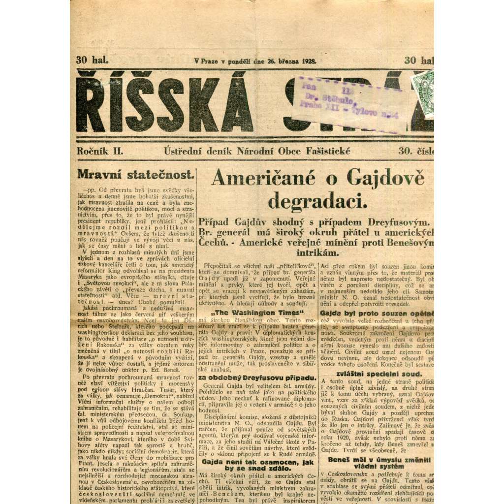 Říšská stráž (26.3.1928) - Ústřední deník Národní obce fašistické (staré noviny, fašisté, 1. republika)