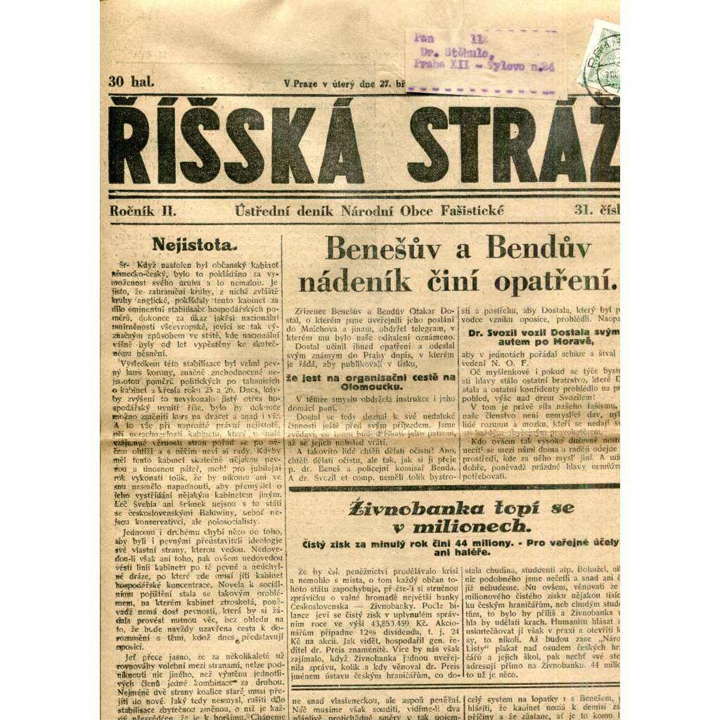 Říšská stráž (27.3.1928) - Ústřední deník Národní obce fašistické (staré noviny, fašisté, 1. republika)