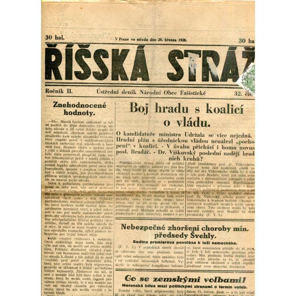 Říšská stráž (28.3.1928) - Ústřední deník Národní obce fašistické (staré noviny, fašisté, 1. republika)