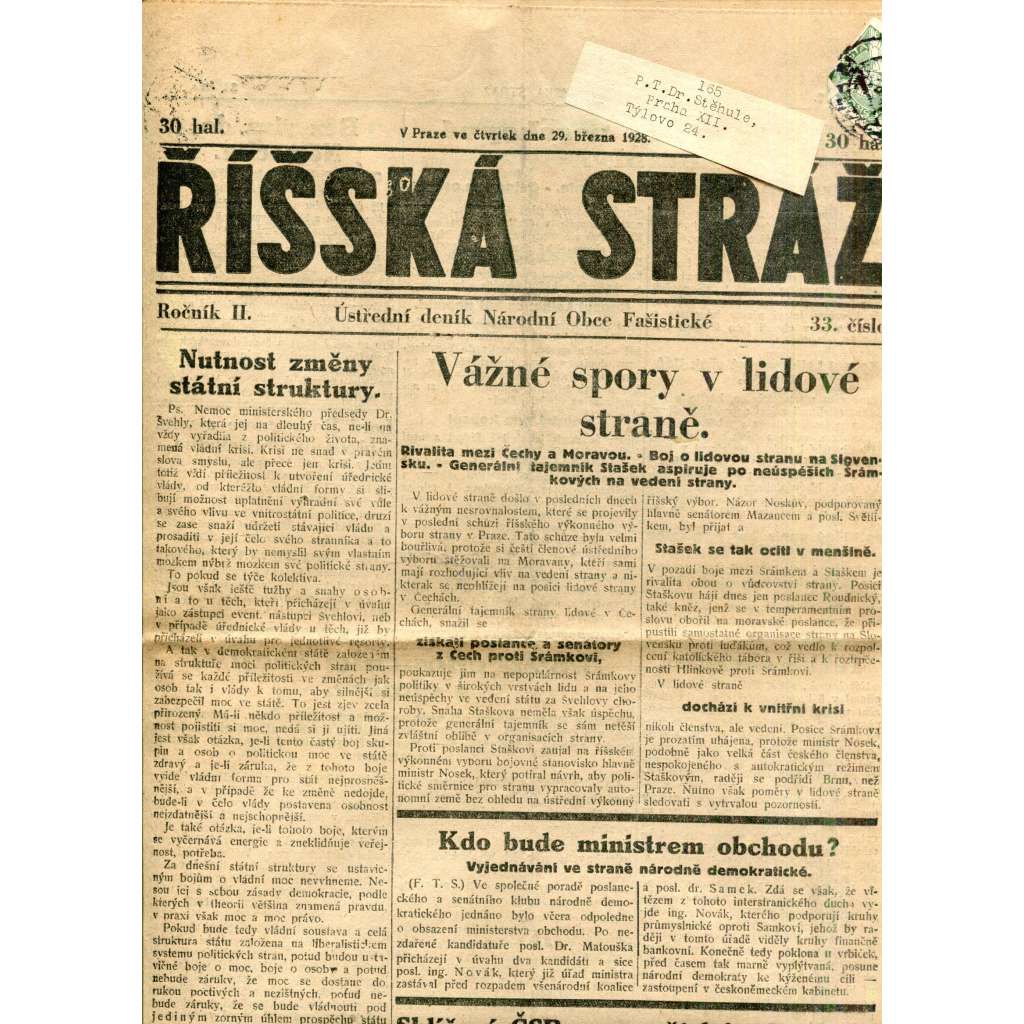 Říšská stráž (29.3.1928) - Ústřední deník Národní obce fašistické (staré noviny, fašisté, 1. republika)