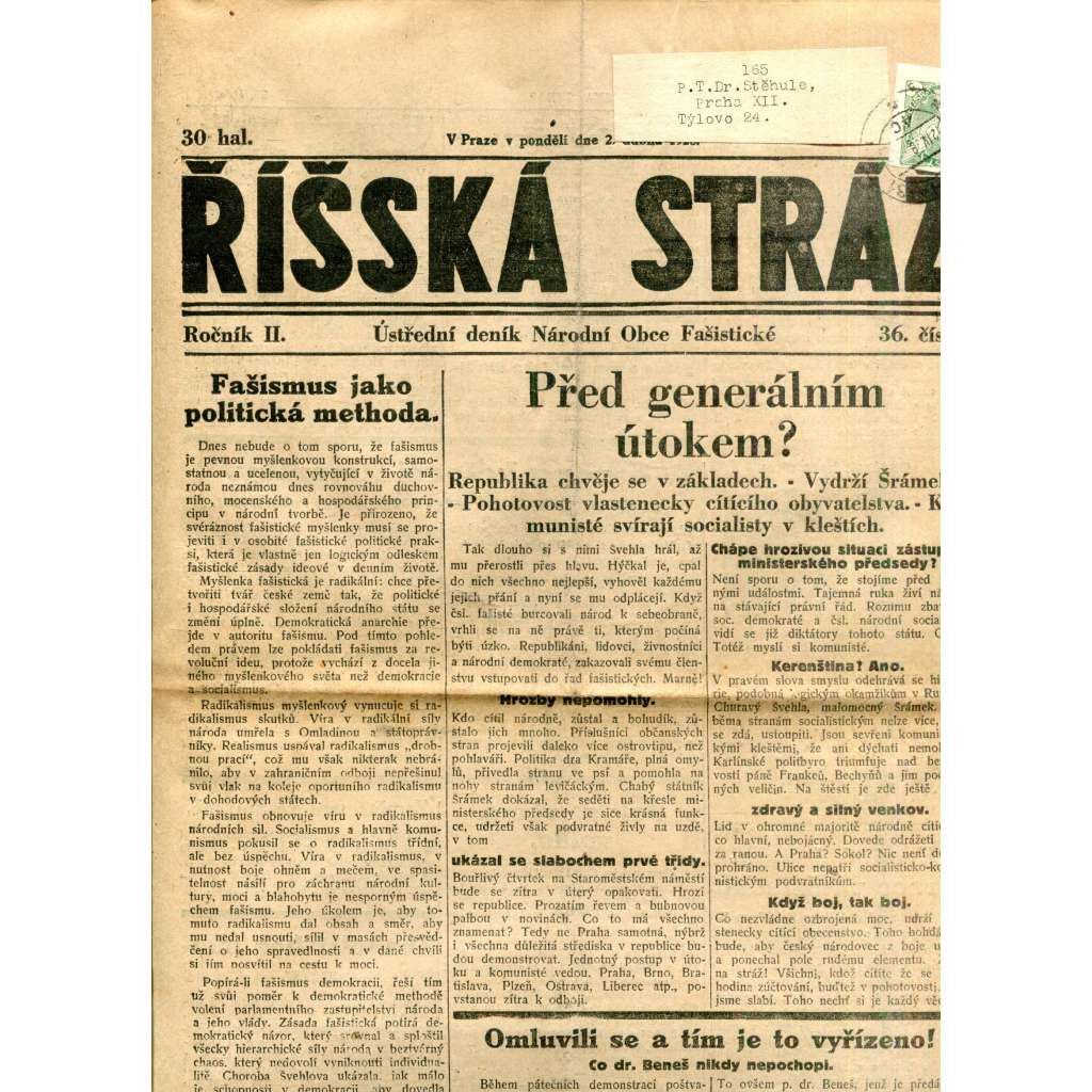 Říšská stráž (2.4.1928) - Ústřední deník Národní obce fašistické (staré noviny, fašisté, 1. republika)